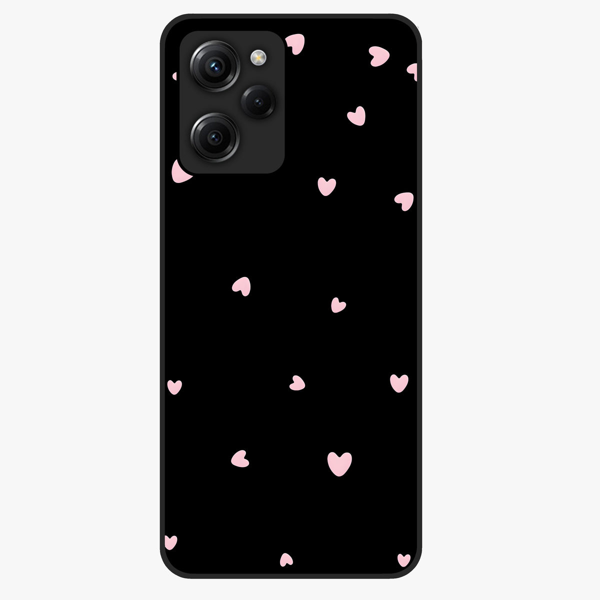 Pink Love Drops Glass Case showing flat back view with playful pink heart drops artwork and glossy glass finish.