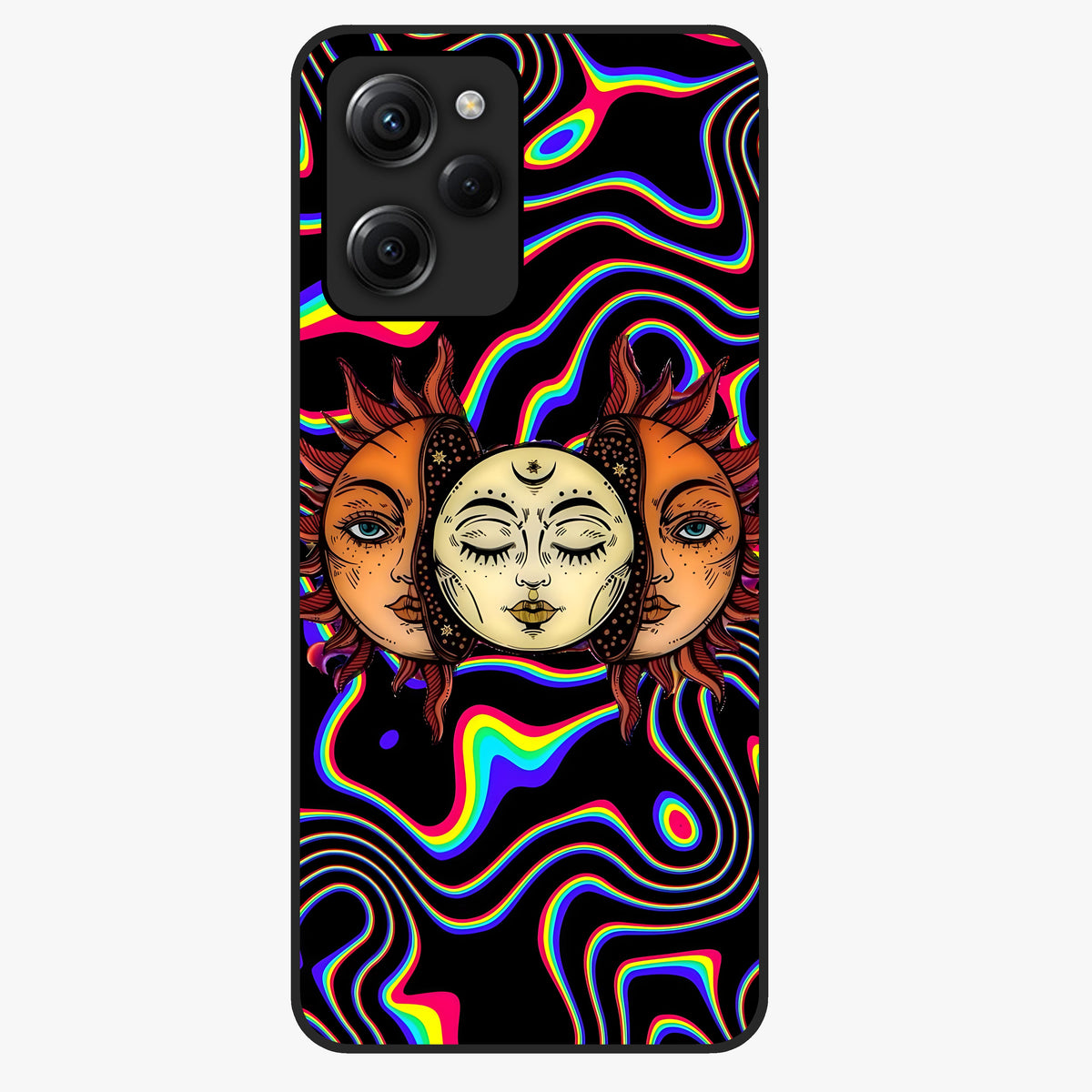 Psychedelic Sun Glass Case showing flat back view with colorful psychedelic sun artwork and glossy glass finish.