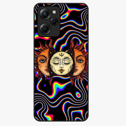 Psychedelic Sun Glass Case showing flat back view with colorful psychedelic sun artwork and glossy glass finish.
