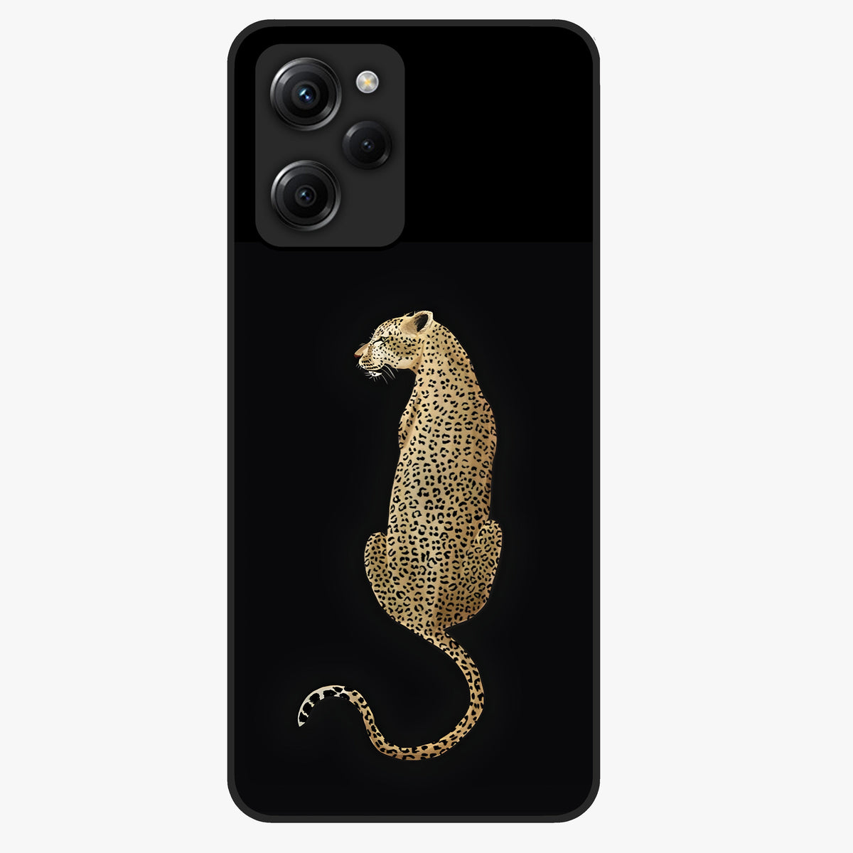 Regal Leopard Glass Case showing flat back view with bold leopard artwork and glossy glass finish.