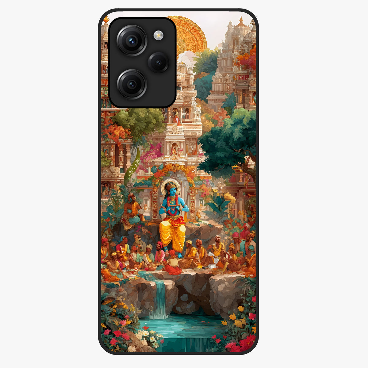 Sacred Sunlight Gods Glass Case showing flat back view with divine sunlight themed artwork and glossy glass finish.