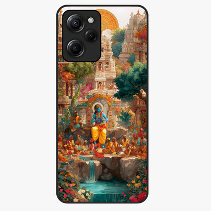 Sacred Sunlight Gods Glass Case showing flat back view with divine sunlight themed artwork and glossy glass finish.