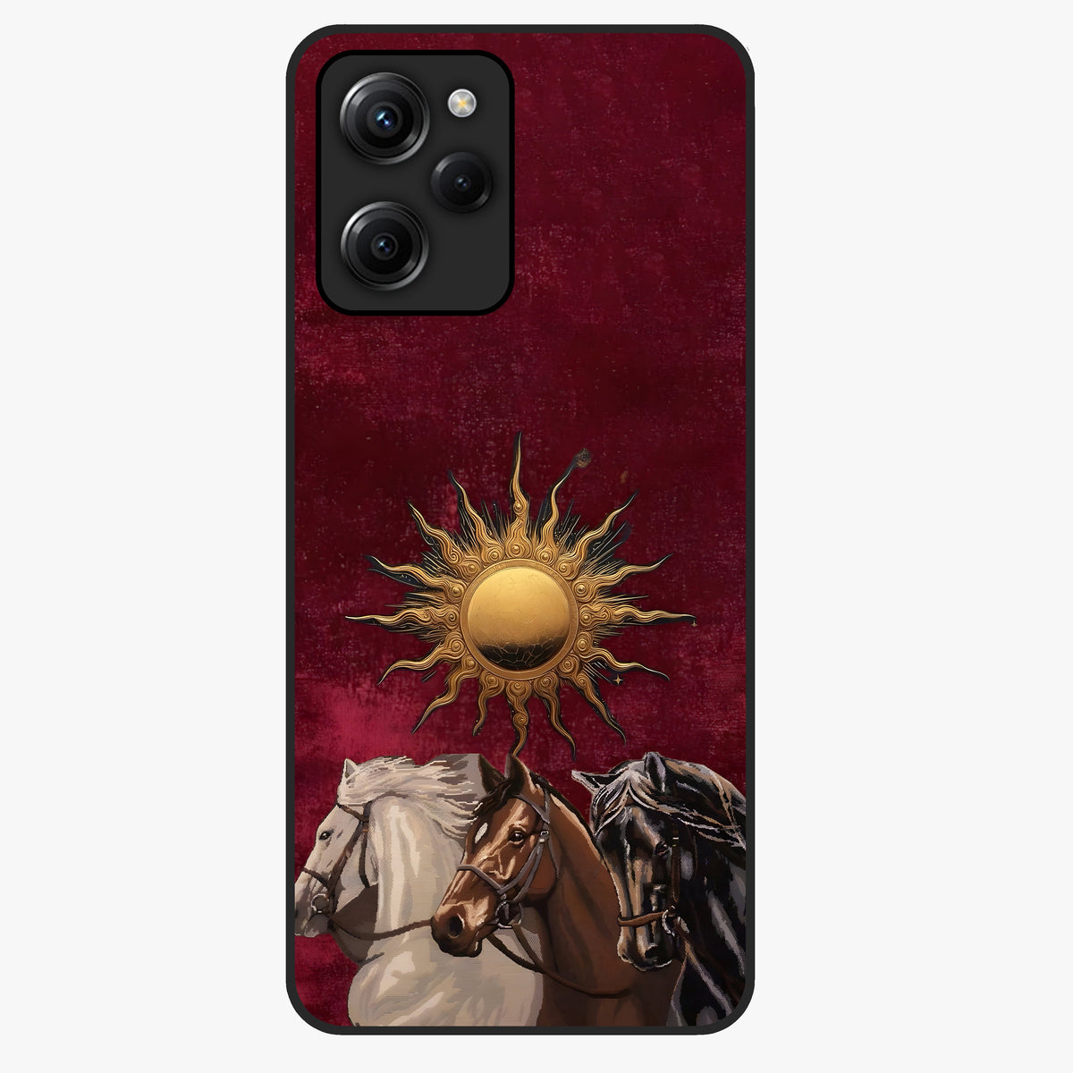 Solar Riders Glass Case showing flat back view with dynamic rider themed artwork and glossy glass finish.