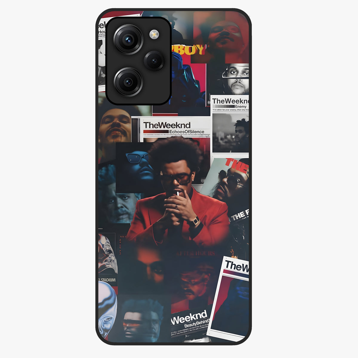 The Weeknd Glass Case showing flat back view with music inspired artistic portrait artwork and glossy glass finish.