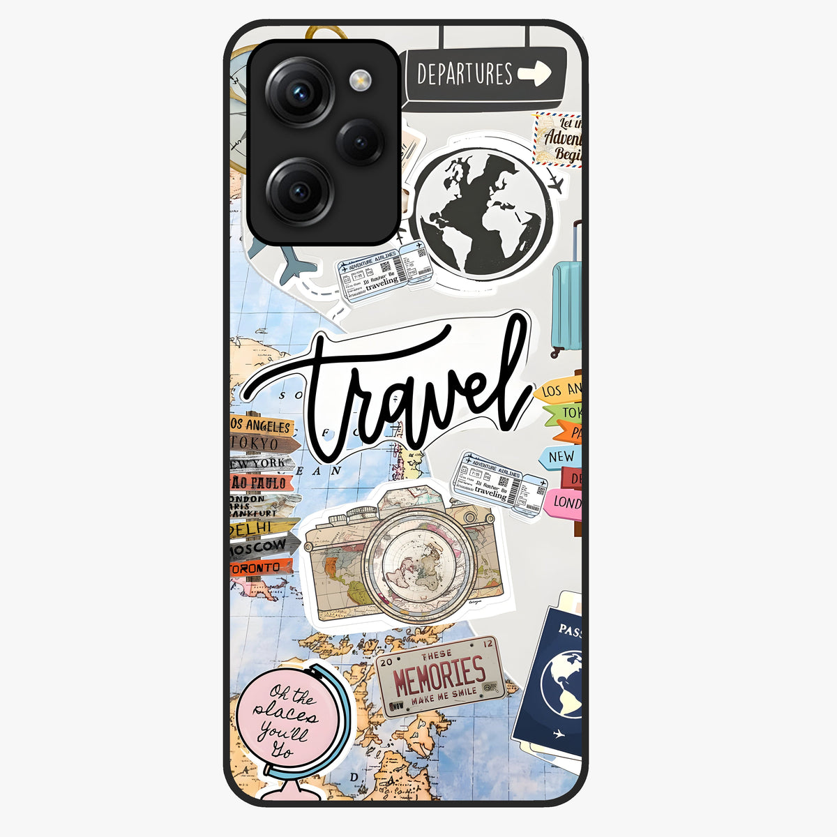 Wanderlust Journal Glass Case showing flat back view with travel inspired artwork and glossy glass finish.
