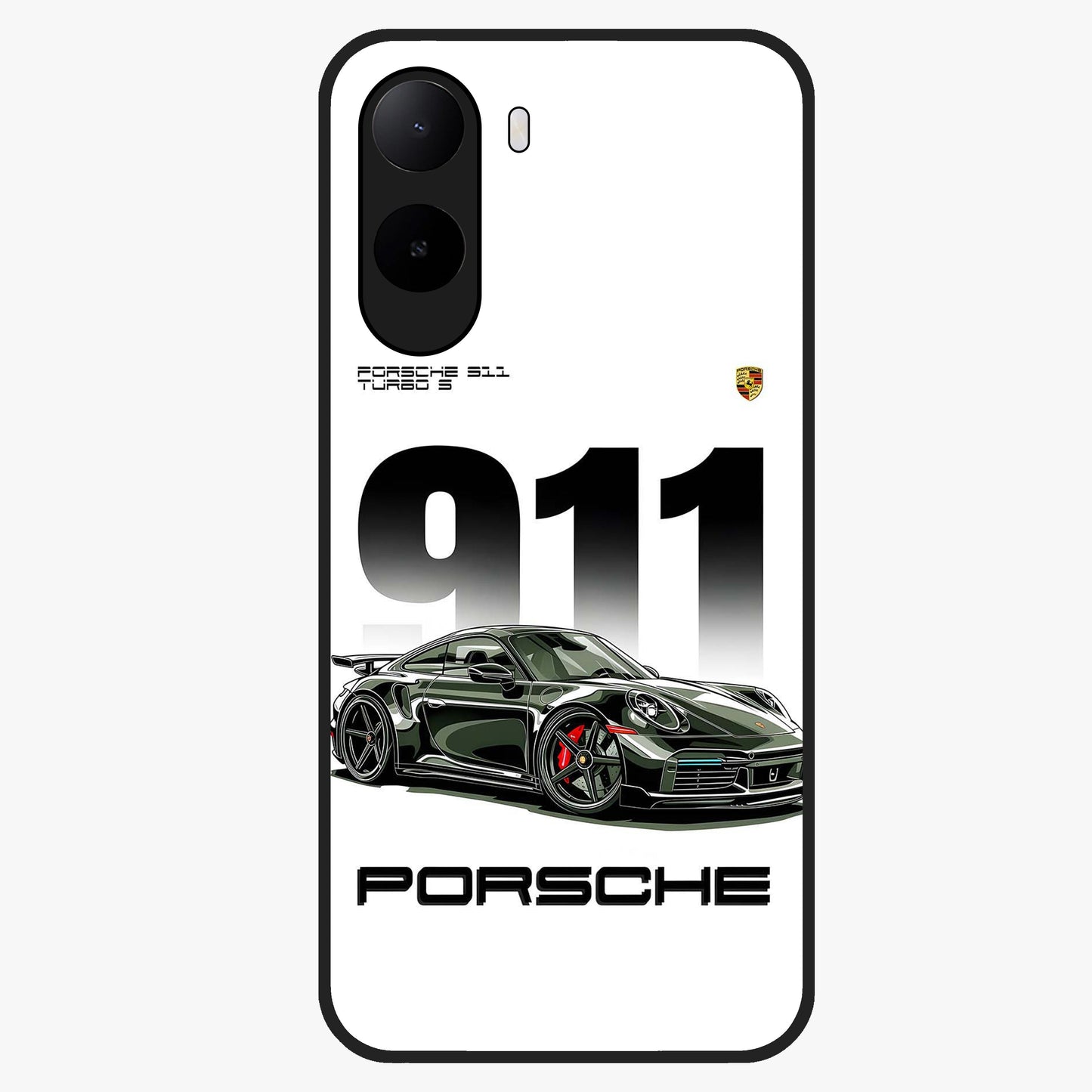 911 Turbo Dominance Glass Case showing clean flat back view with bold 911 sports car artwork and glossy glass finish.