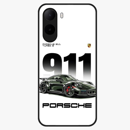 911 Turbo Dominance Glass Case showing clean flat back view with bold 911 sports car artwork and glossy glass finish.