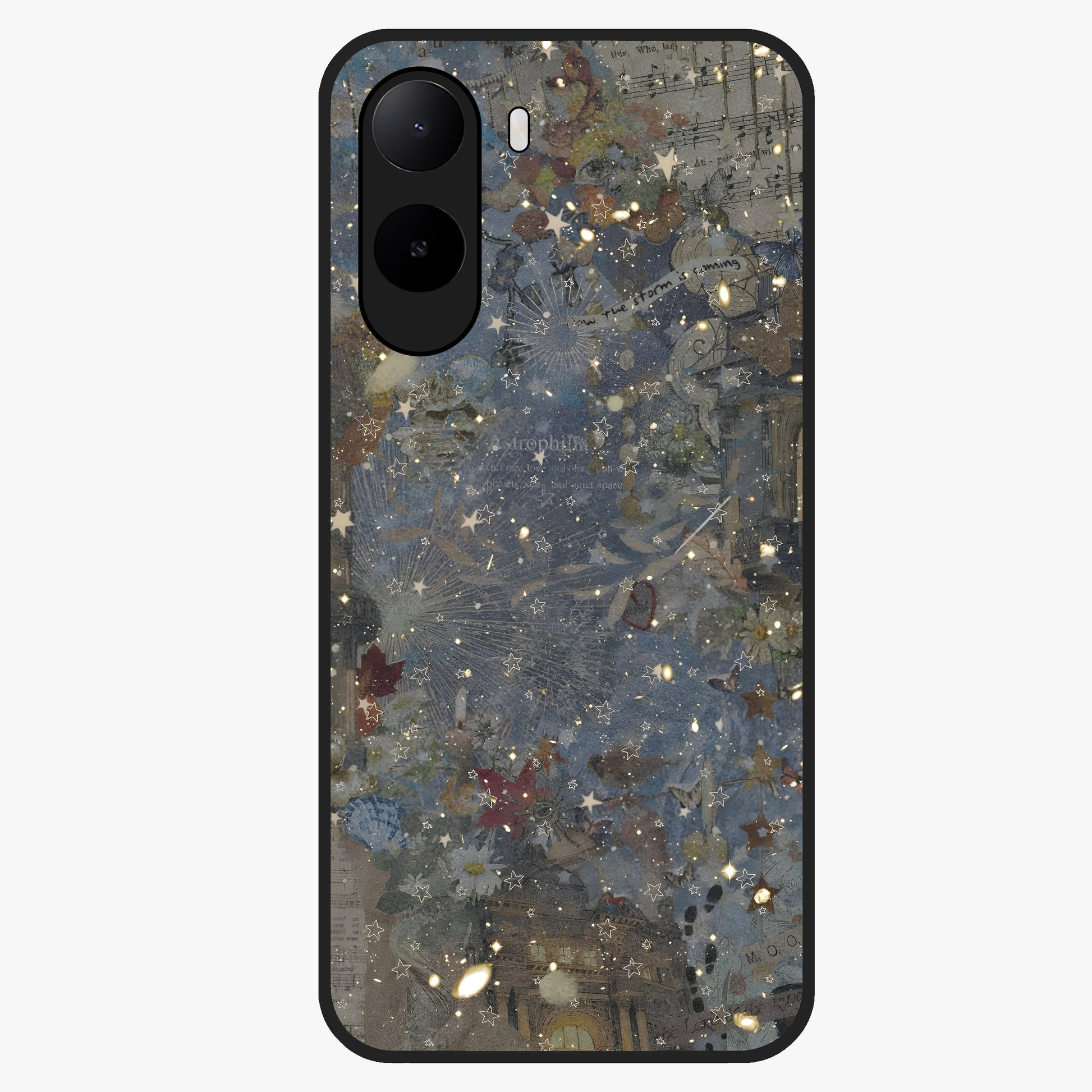 Aesthetic Astrolophia Glass Case showing flat back view with dreamy aesthetic design and glossy glass finish.