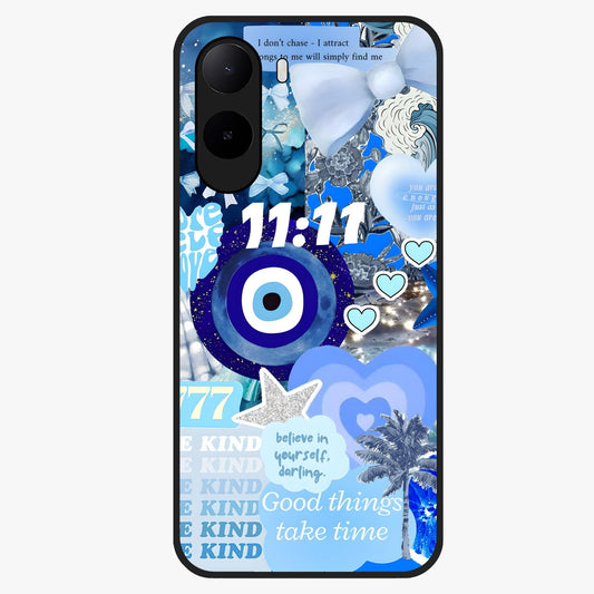 Aesthetic Be Kind Eye Glass Case showing flat back view with motivational eye artwork and glossy glass finish.