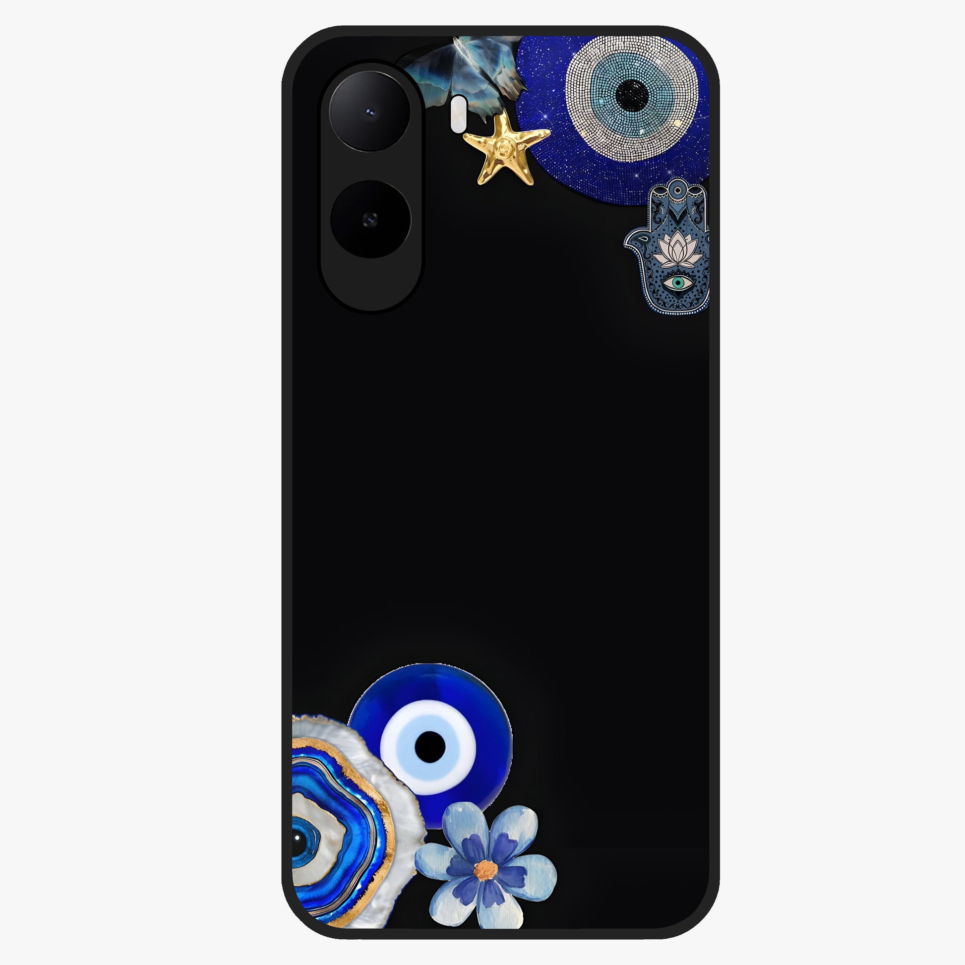 Aesthetic Blue Evil Eye Glass Case showing flat back view with protective evil eye artwork and glossy glass finish.