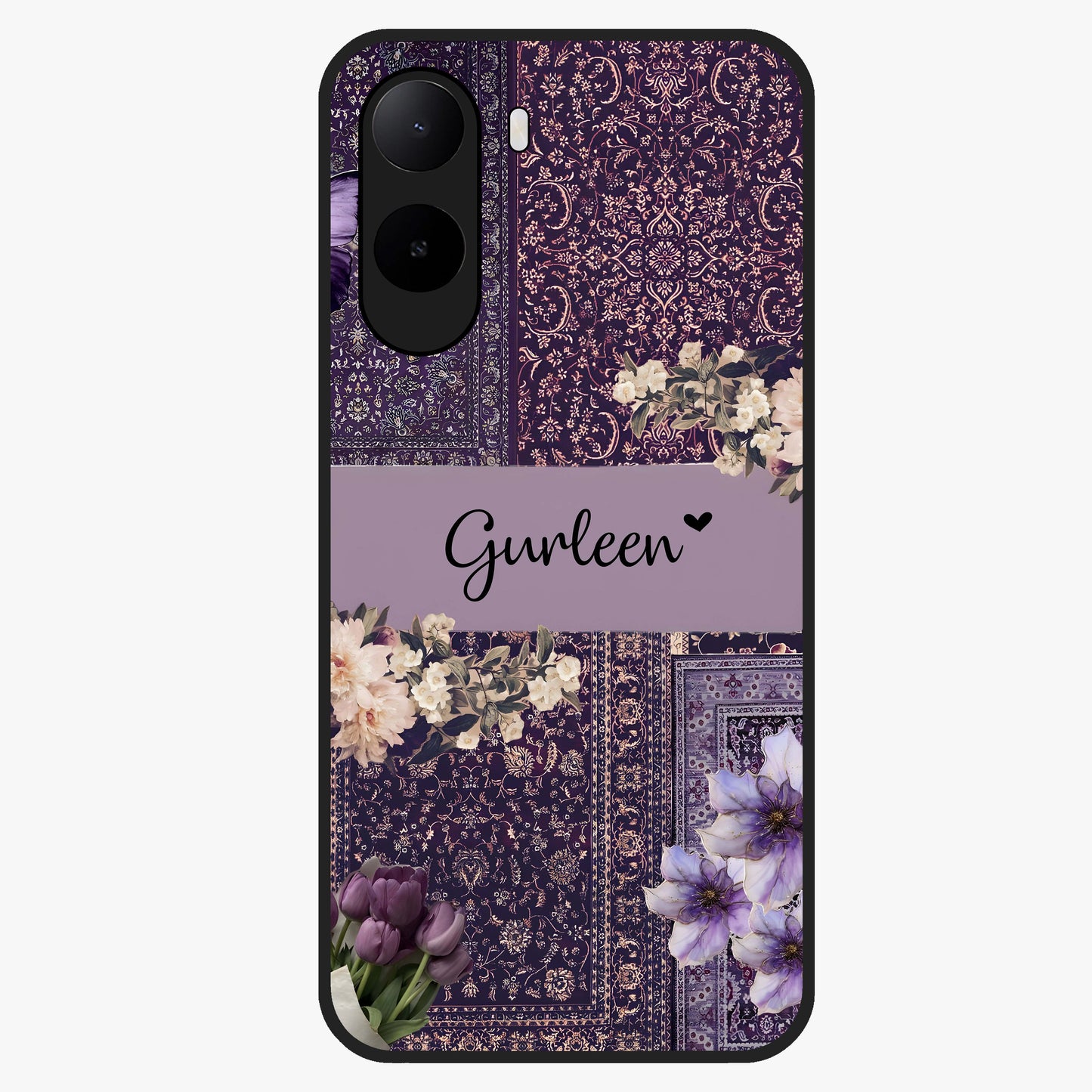 Antique Floral Whisper Custom Name Glass Case showing flat back view with vintage floral artwork and personalized name design.