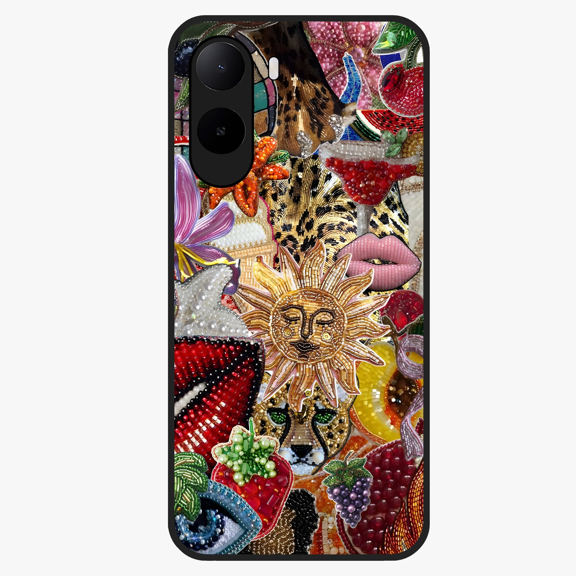 Beaded Fashion Jungle Glass Case showing flat back view with vibrant jungle inspired bead artwork and glossy glass finish.