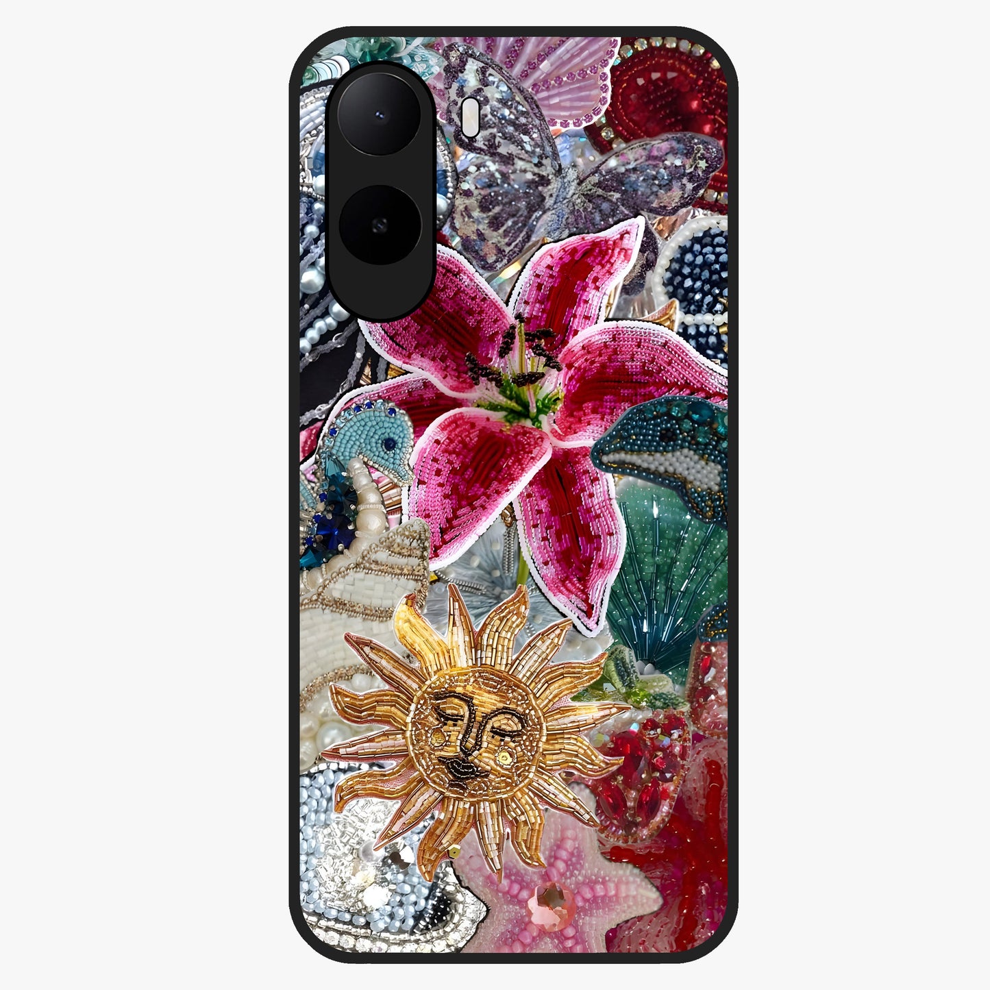 Beaded Garden Fantasy Glass Case showing flat back view with dreamy garden bead artwork and glossy glass finish.
