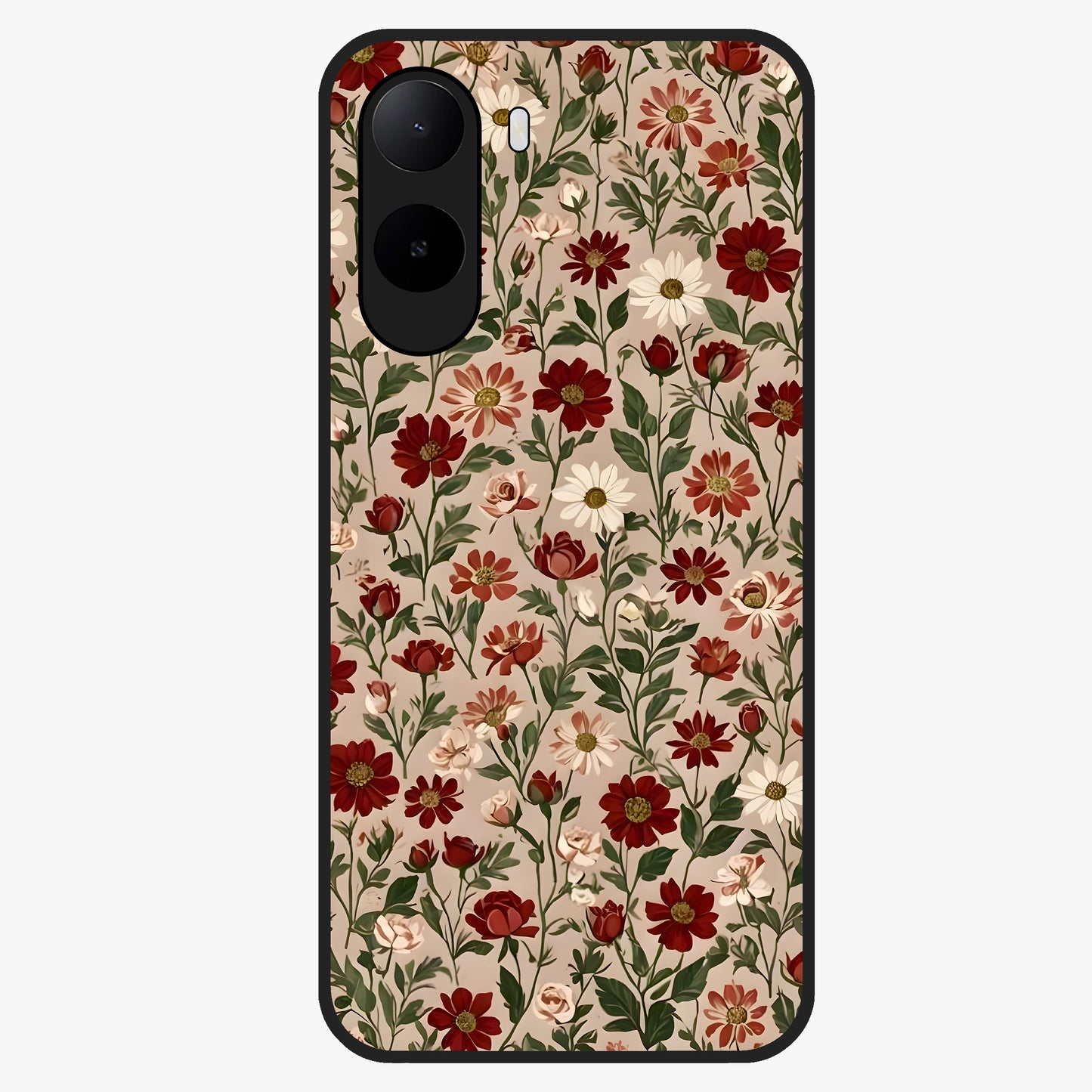 Biege Flower With Leaf Glass Case showing flat back view with soft beige floral artwork and glossy glass finish.