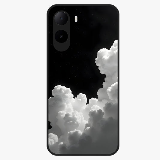 Black Background With White Cloud Glass Case showing flat back view with minimal cloud artwork on dark background and glossy glass finish.
