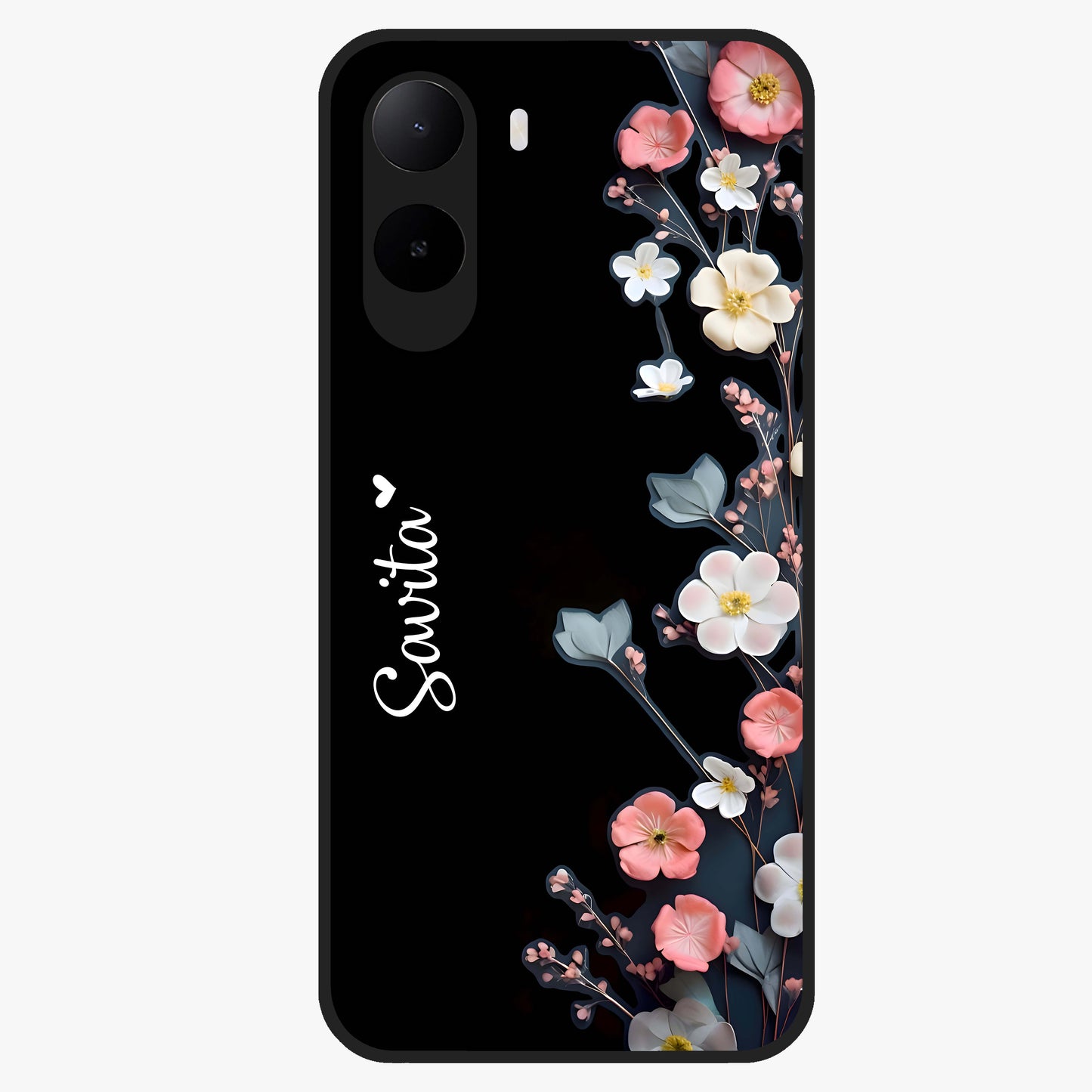 Black Elegance Floral Custom Name Glass Case showing flat back view with elegant floral artwork and personalized name design.