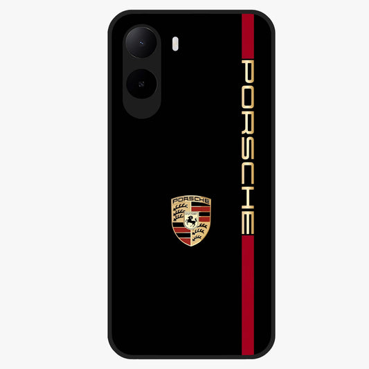 Black Minimal Porsche Glass Case showing flat back view with sleek minimal sports car artwork and glossy glass finish.