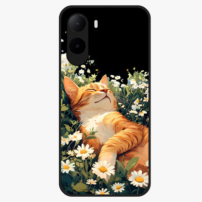 Blissful Bloom Cat Glass Case showing flat back view with cute cat and floral bloom artwork and glossy glass finish.