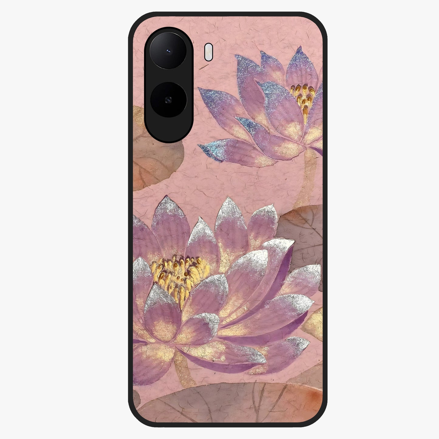 Blossom Mist Lotus Glass Case showing flat back view with serene lotus blossom artwork and glossy glass finish.