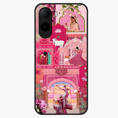 Blossoms of Rajasthan Glass Case showing flat back view with traditional floral artwork inspired by Rajasthan and glossy glass finish.