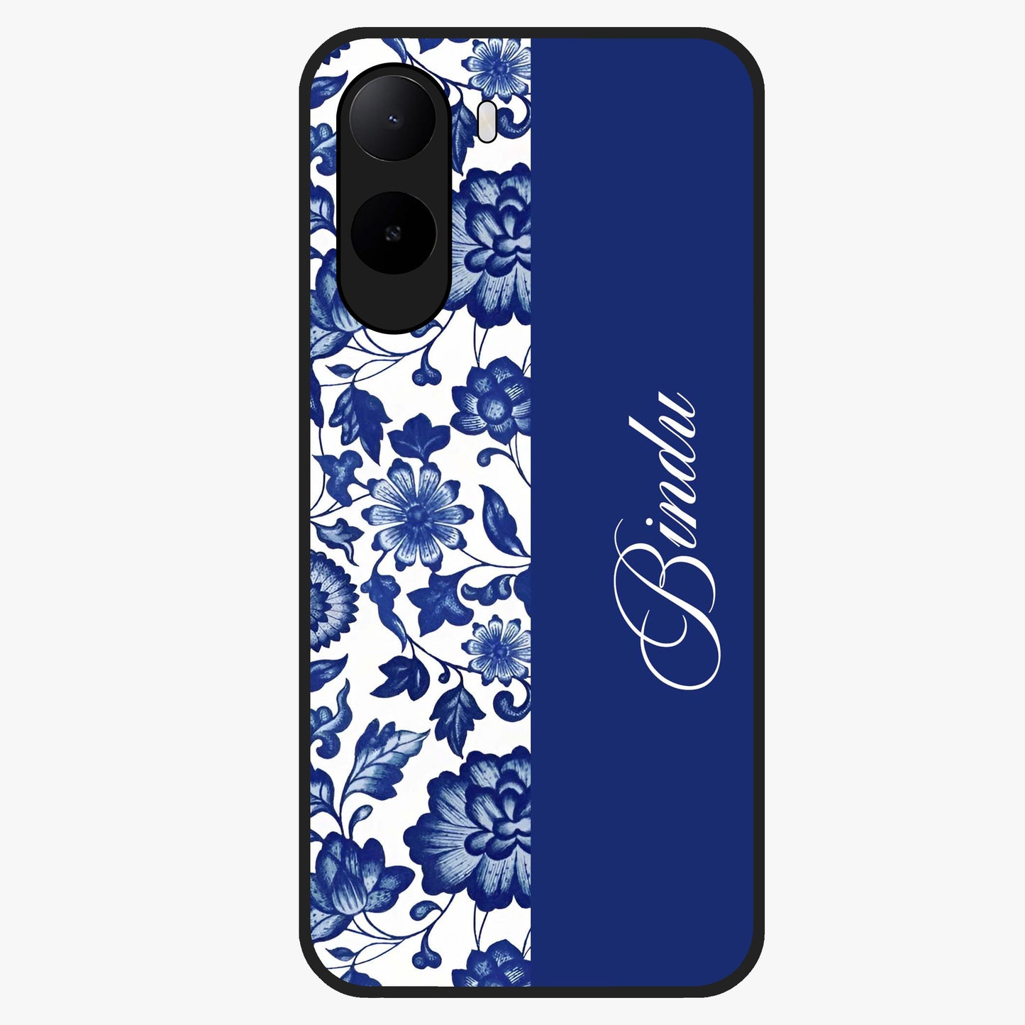 Blue Vintage Floral Pattern Glass Case upright view showcasing timeless floral illustration with vintage inspired style.