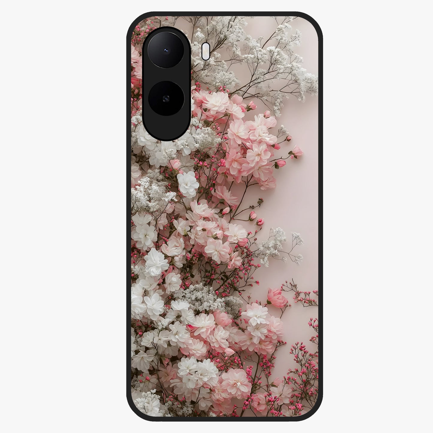 Blush Blossom Cloud Glass Case showing flat back view with dreamy blush cloud blossom artwork and glossy glass finish.
