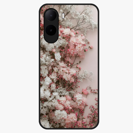 Blush Blossom Cloud Glass Case showing flat back view with dreamy blush cloud blossom artwork and glossy glass finish.