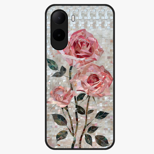 Blush Mosaic Bloom Glass Case showing flat back view with mosaic floral bloom artwork and glossy glass finish.