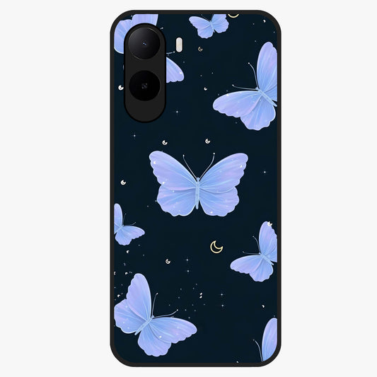 Butterfly With Stars Pattern Glass Case showing flat back view with butterfly and star pattern artwork and glossy glass finish.