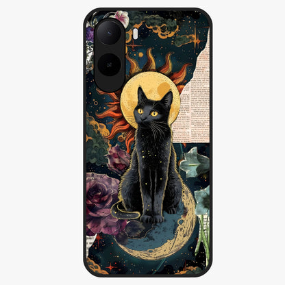 Celestial Black Cat Glass Case showing flat back view with mystical black cat artwork and glossy glass finish.