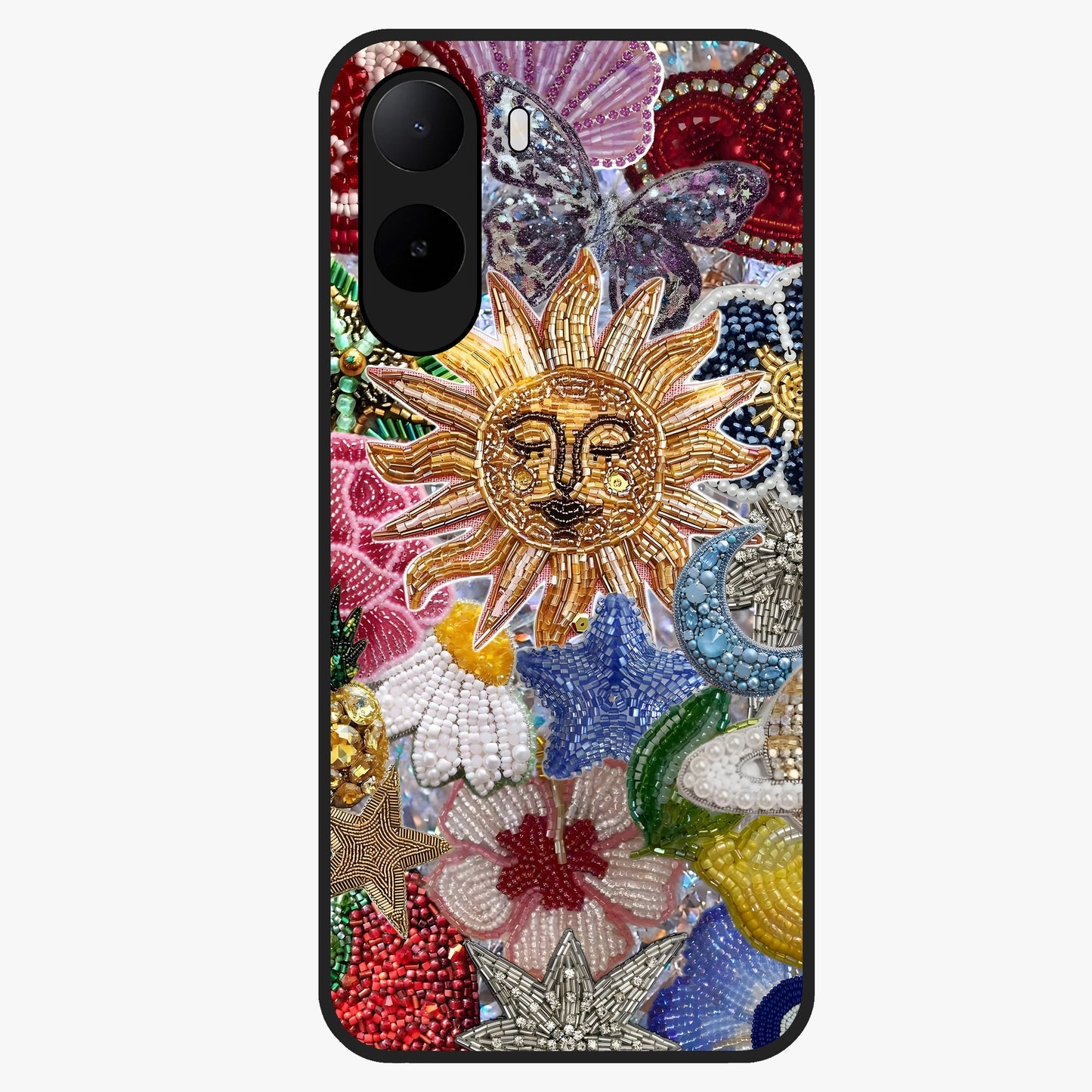 Celestial Floral and Playful Glass Case showing flat back view with floral and celestial themed artwork and glossy glass finish.