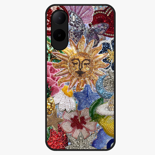Celestial Floral and Playful Glass Case showing flat back view with floral and celestial themed artwork and glossy glass finish.