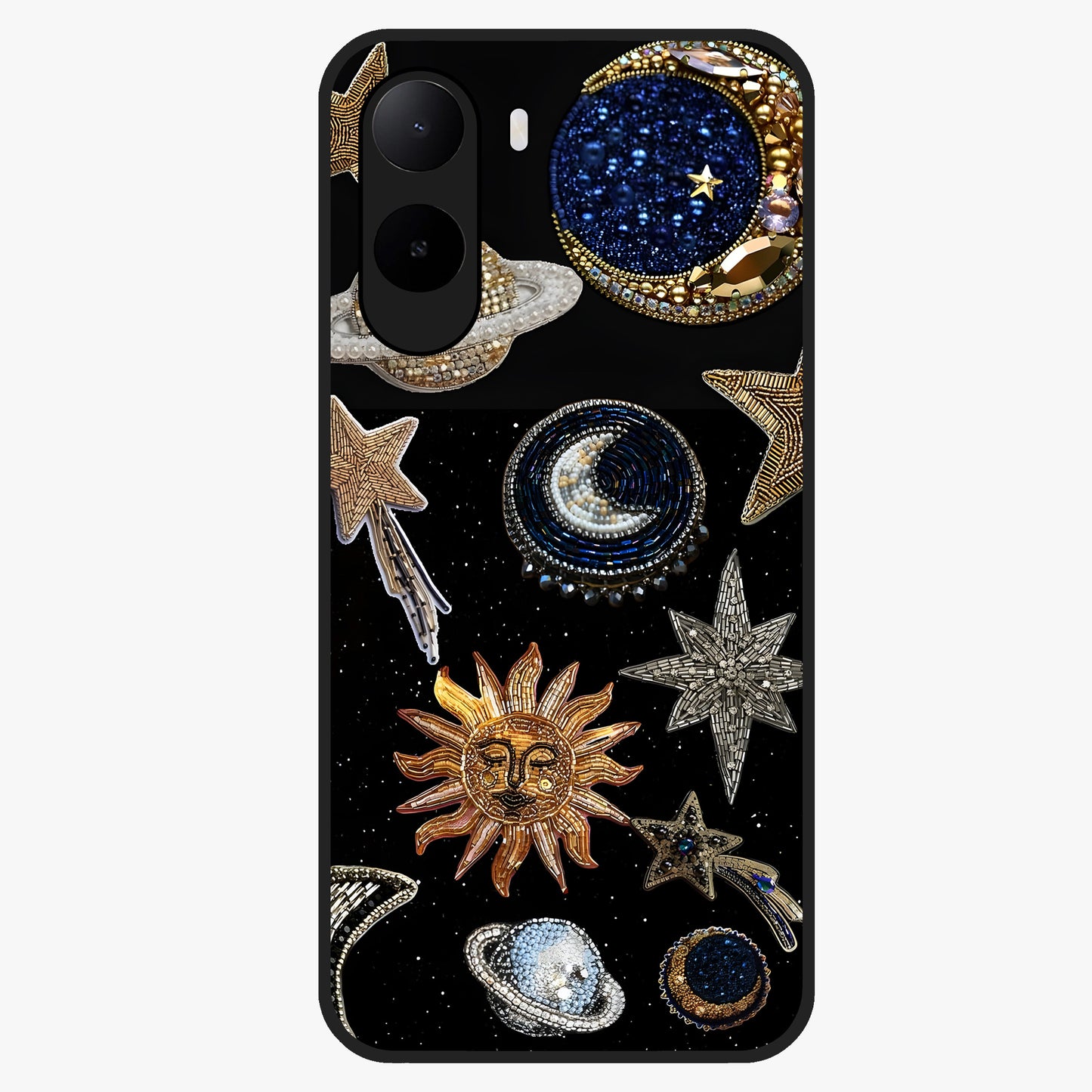 Celestial Gem Constellations Glass Case showing flat back view with sparkling constellation artwork and glossy glass finish.