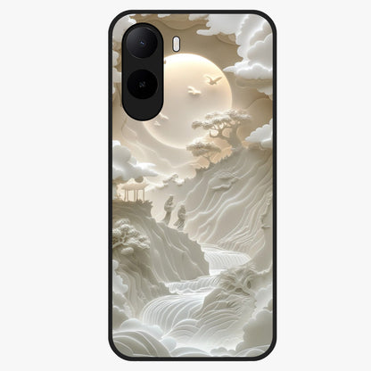 Celestial Origami Glass Case showing flat back view with artistic origami inspired celestial artwork and glossy glass finish.