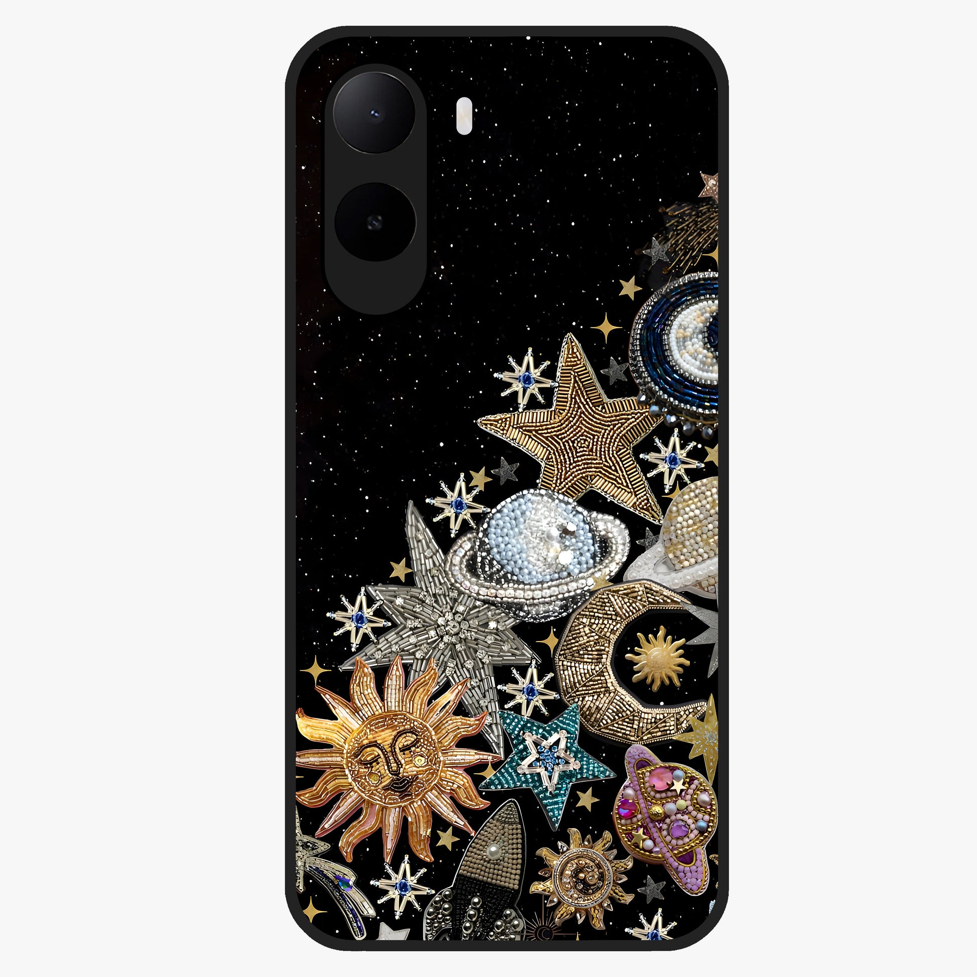 Cosmic Sparkle Dreams Glass Case showing flat back view with sparkling cosmic artwork and glossy glass finish.