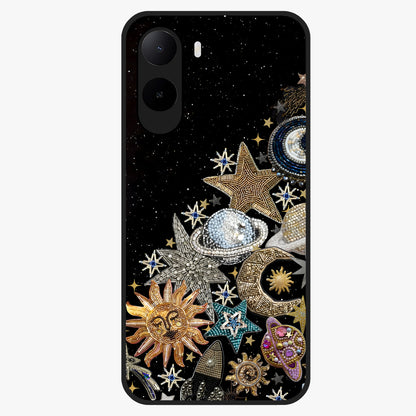 Cosmic Sparkle Dreams Glass Case showing flat back view with sparkling cosmic artwork and glossy glass finish.