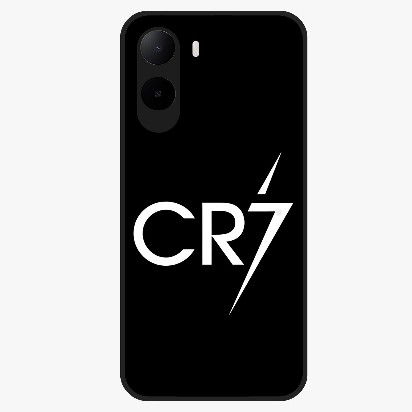 Cr7 Elite Strike Glass Case showing flat back view with dynamic football inspired artwork and glossy glass finish.