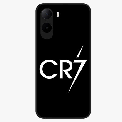 Cr7 Elite Strike Glass Case showing flat back view with dynamic football inspired artwork and glossy glass finish.
