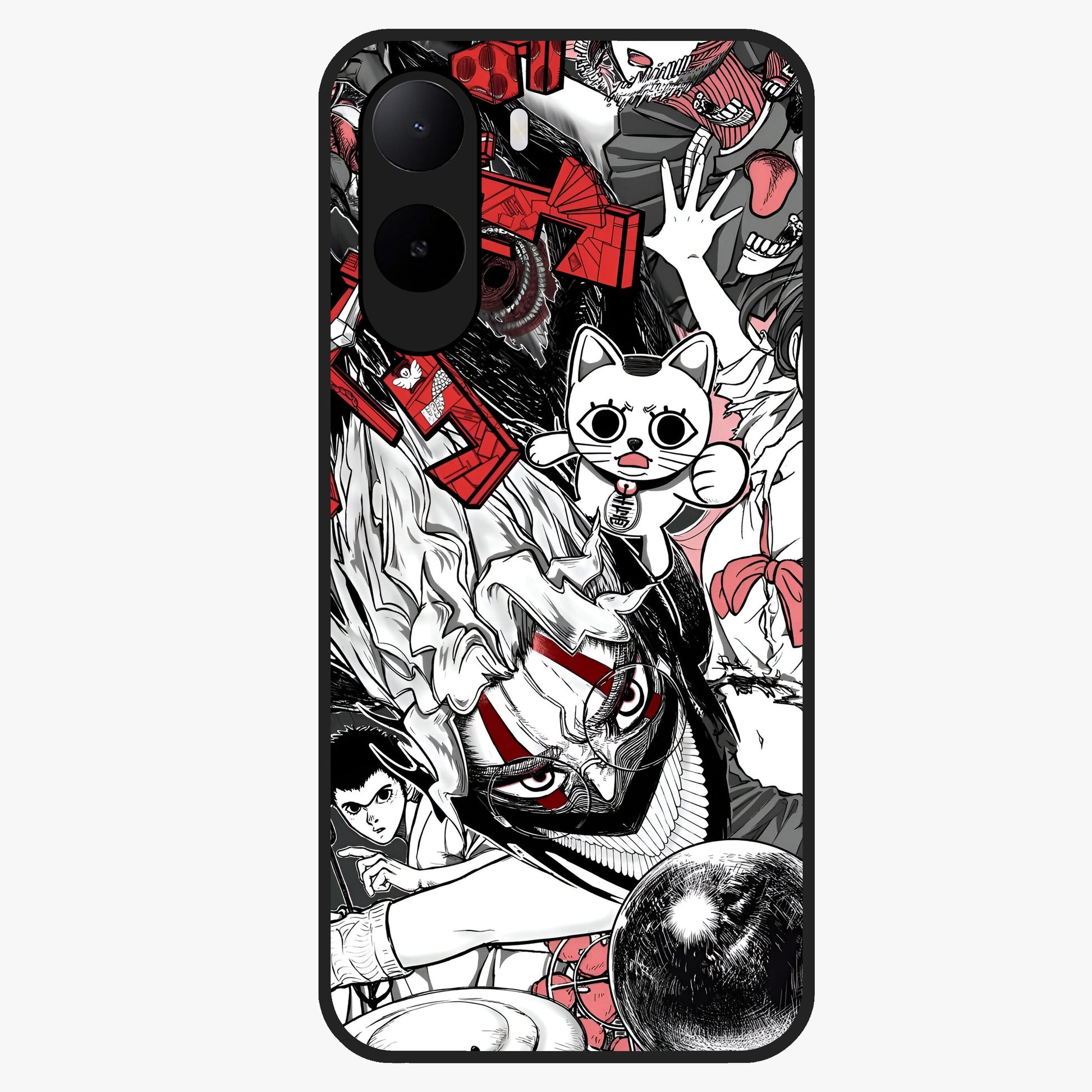 Crimson Chaos Panel Glass Case showing flat back view with bold crimson abstract artwork and glossy glass finish.