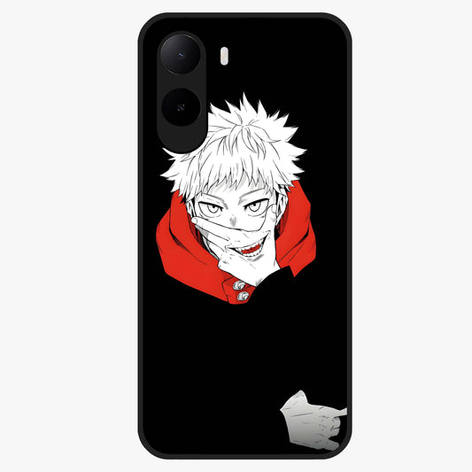 Crimson Chaos Smile Glass Case showing flat back view with bold chaotic smile artwork and glossy glass finish.