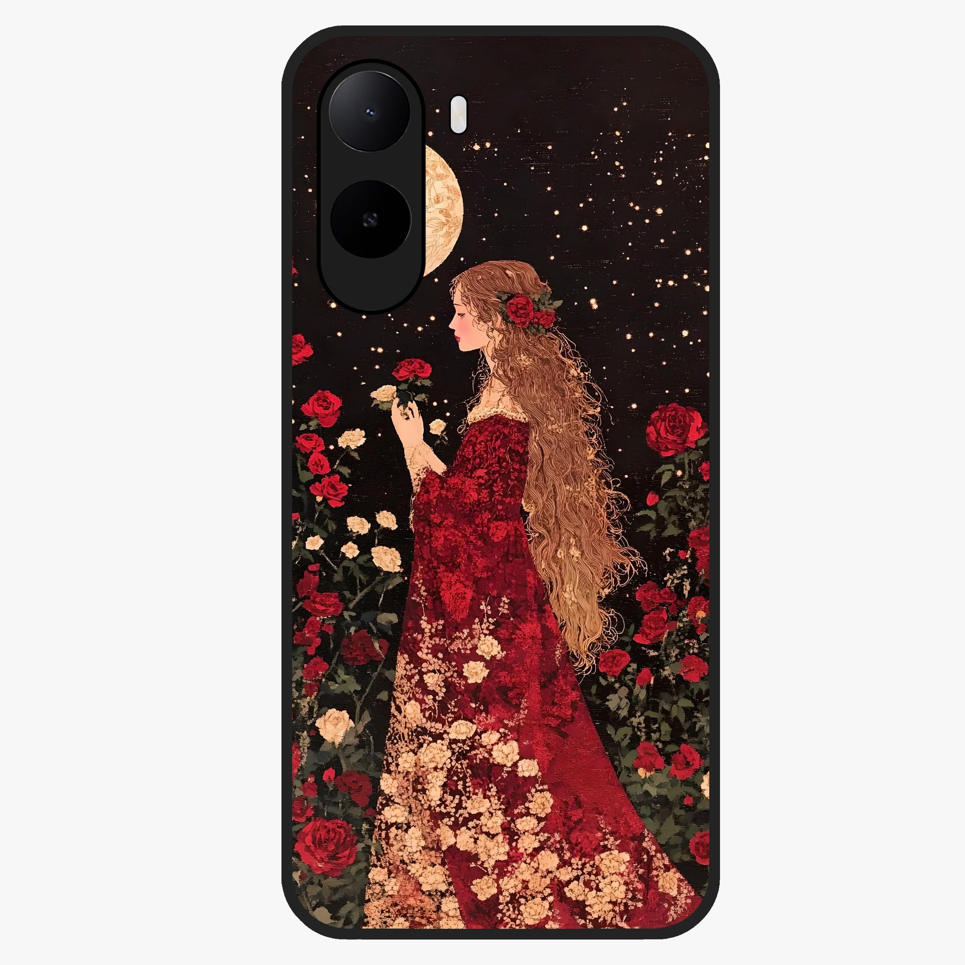 Crimson Dreams Glass Case showing flat back view with dreamy crimson artwork and glossy glass finish.
