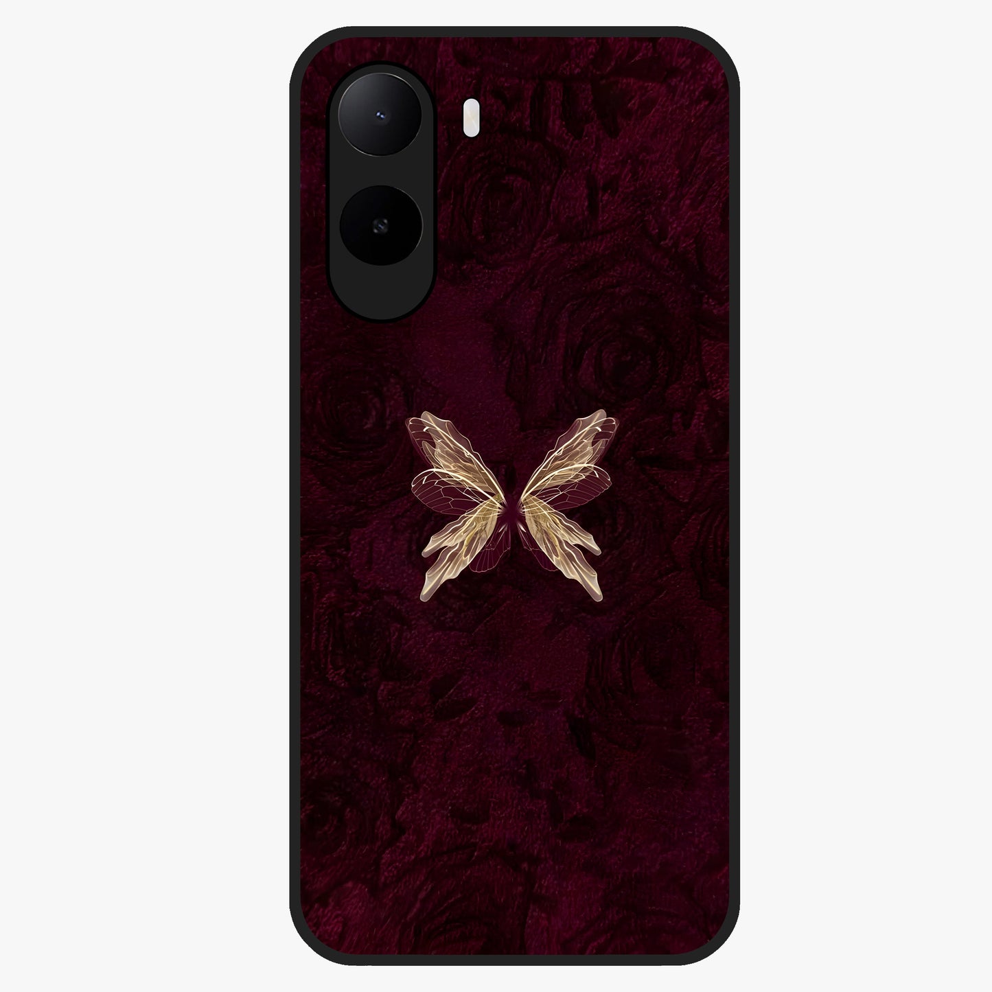 Crimson Fade Butterfly Glass Case showing flat back view with fading butterfly artwork and glossy glass finish.