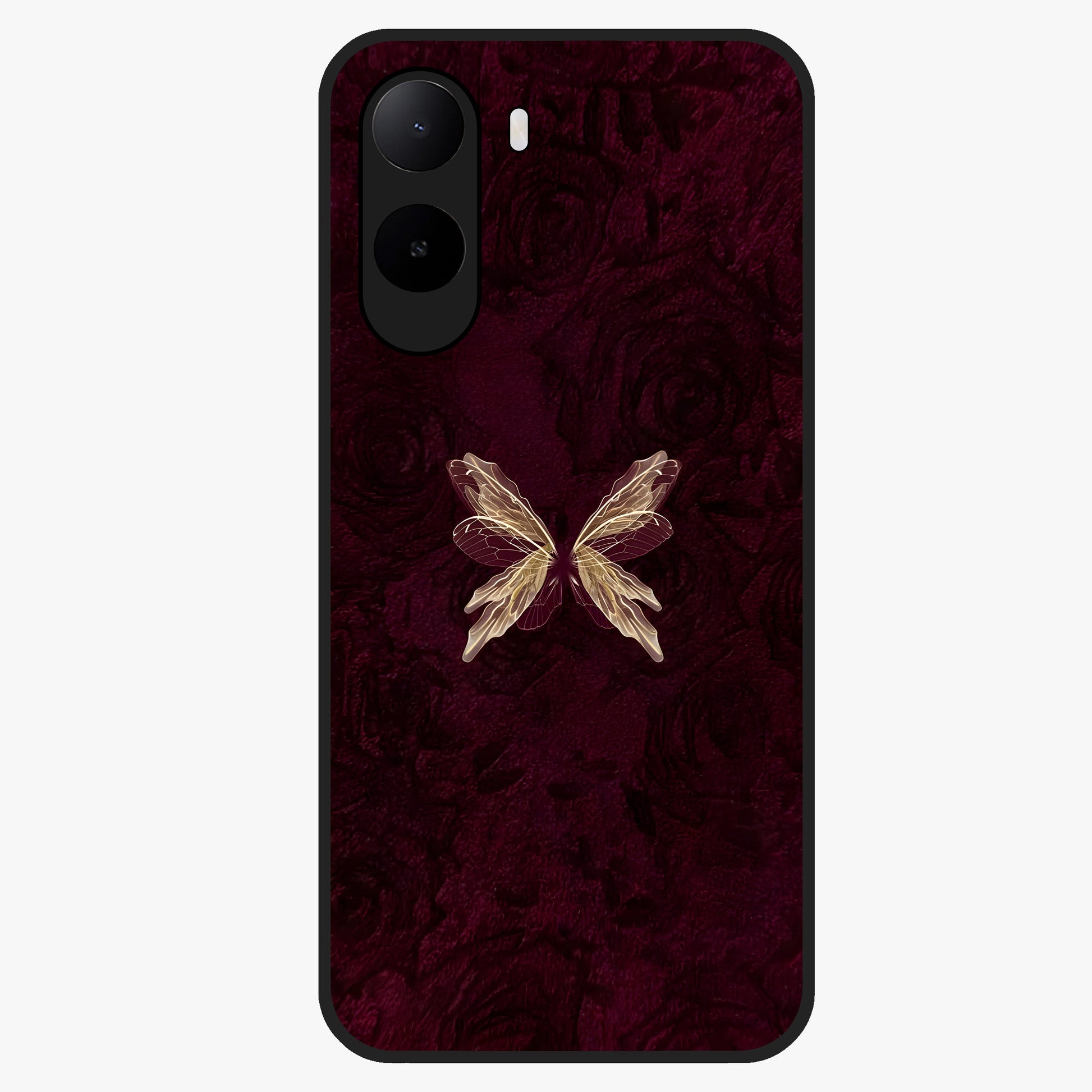 Crimson Fade Butterfly Glass Case showing flat back view with fading butterfly artwork and glossy glass finish.