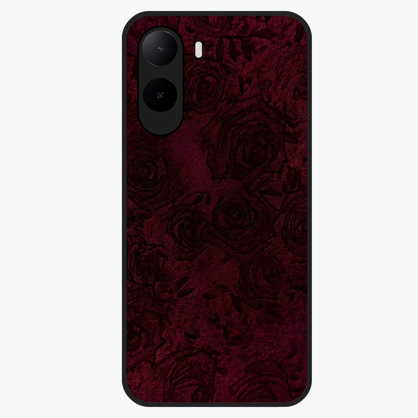Crimson Fade Flow Glass Case showing flat back view with flowing crimson gradient artwork and glossy glass finish.