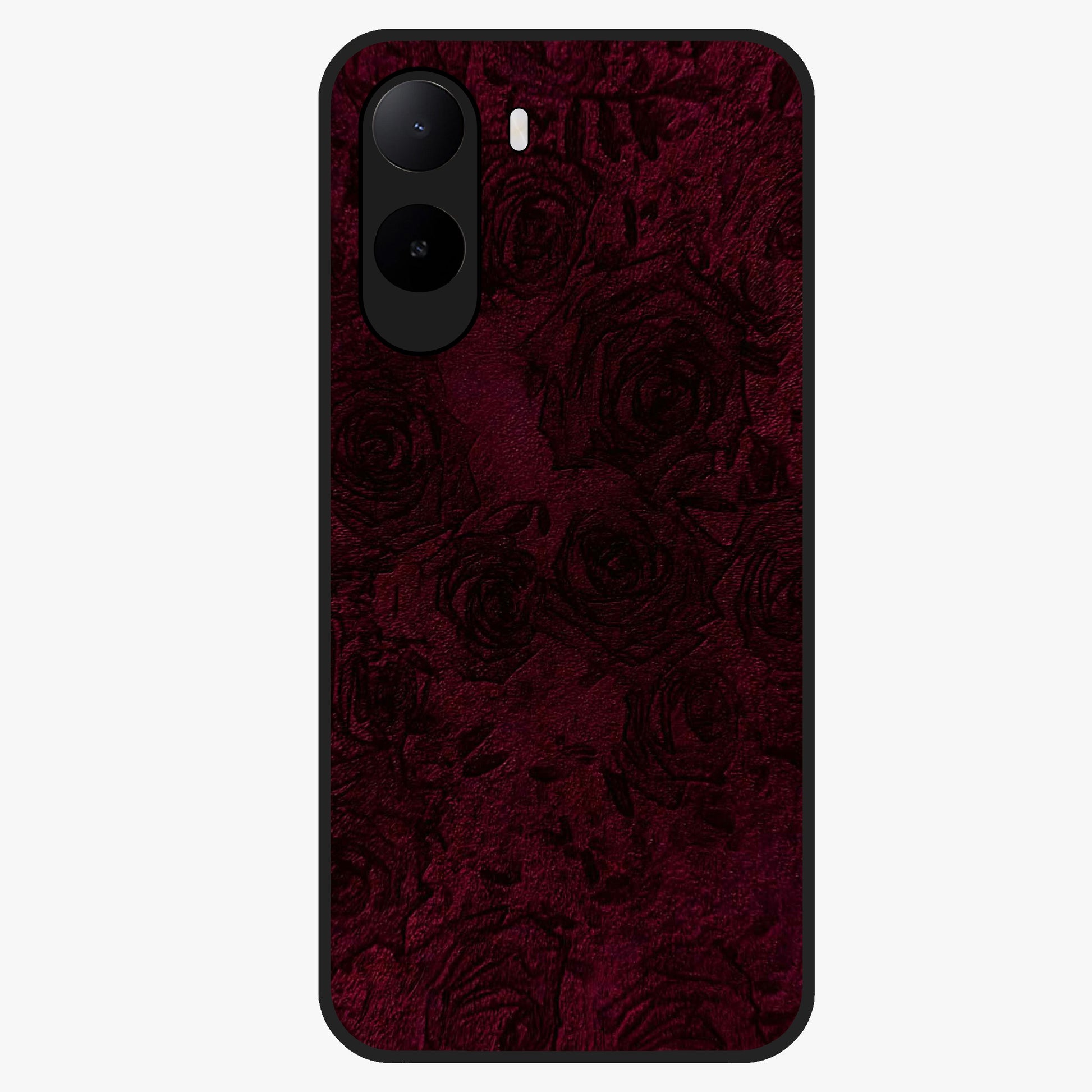 Crimson Fade Flow Glass Case showing flat back view with flowing crimson gradient artwork and glossy glass finish.