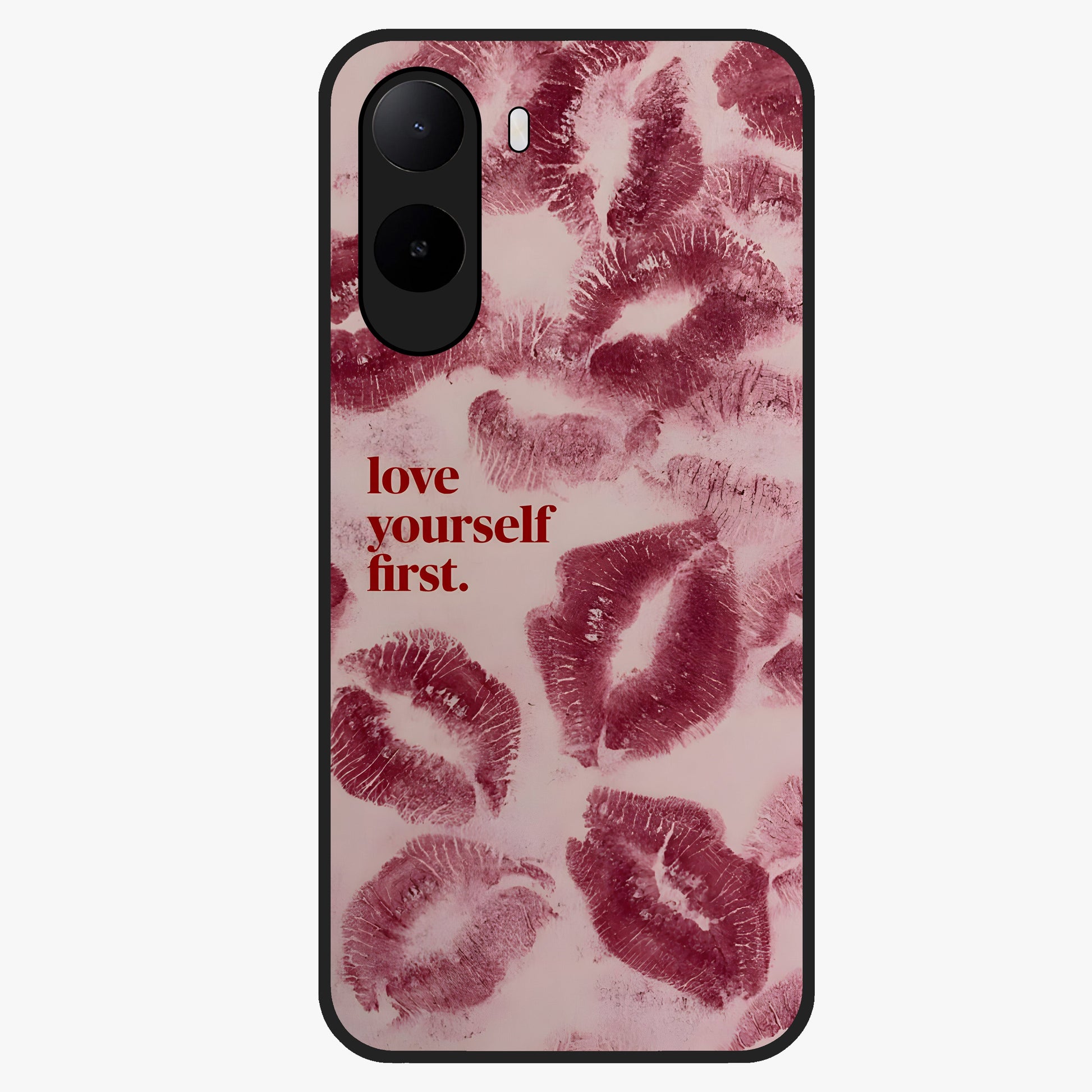 Crimson Kiss Love Glass Case showing flat back view with romantic crimson themed artwork and glossy glass finish.