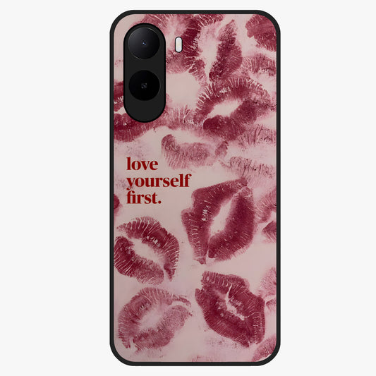 Crimson Kiss Love Glass Case showing flat back view with romantic crimson themed artwork and glossy glass finish.