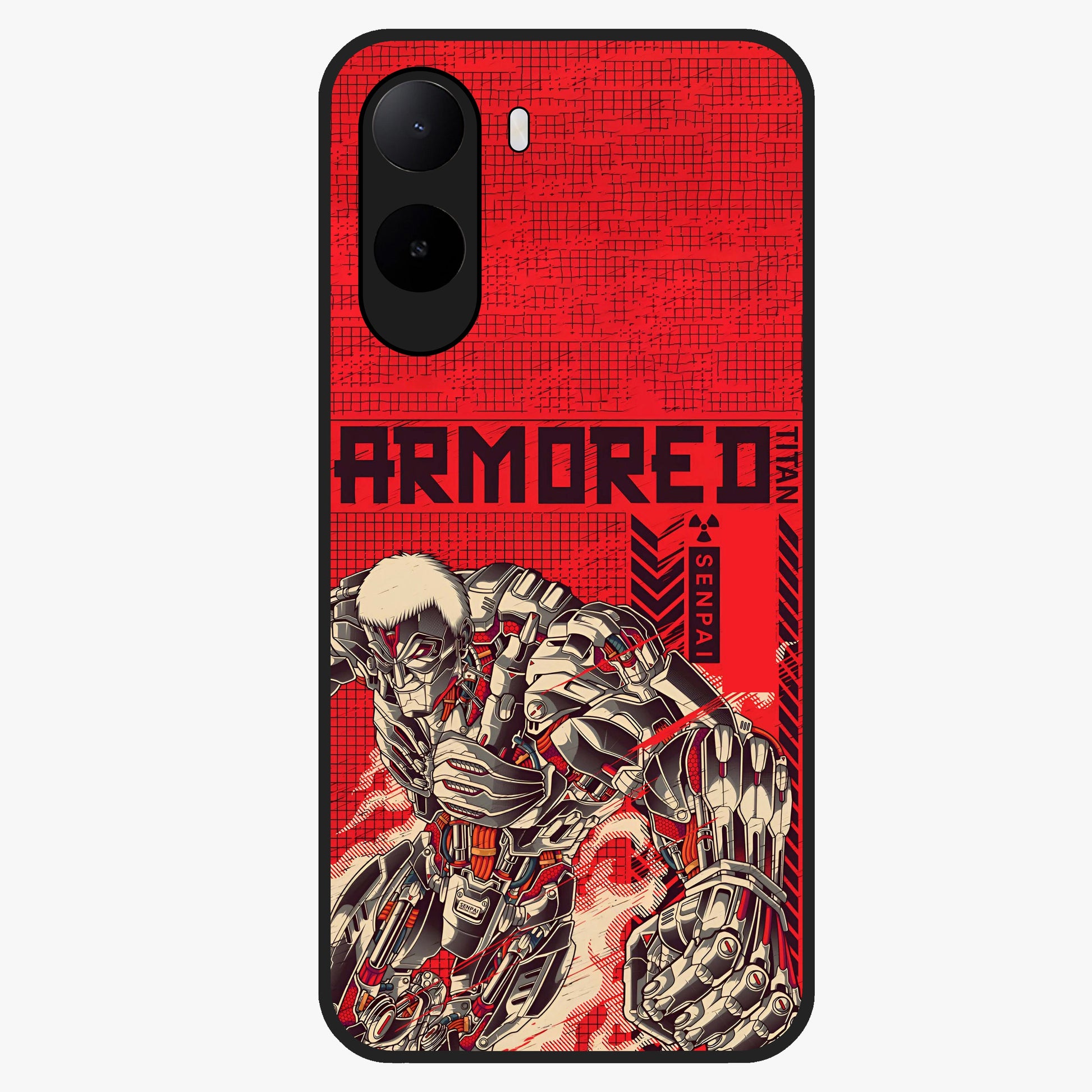 Crimson Mecha Titan Glass Case showing flat back view with powerful mech titan artwork and glossy glass finish.