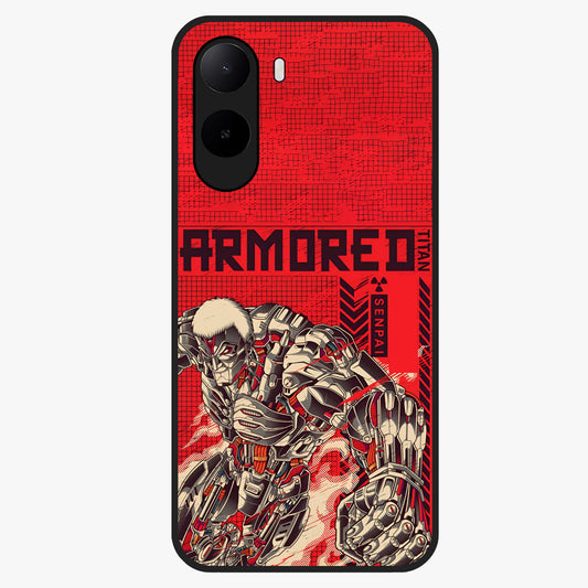 Crimson Mecha Titan Glass Case showing flat back view with powerful mech titan artwork and glossy glass finish.