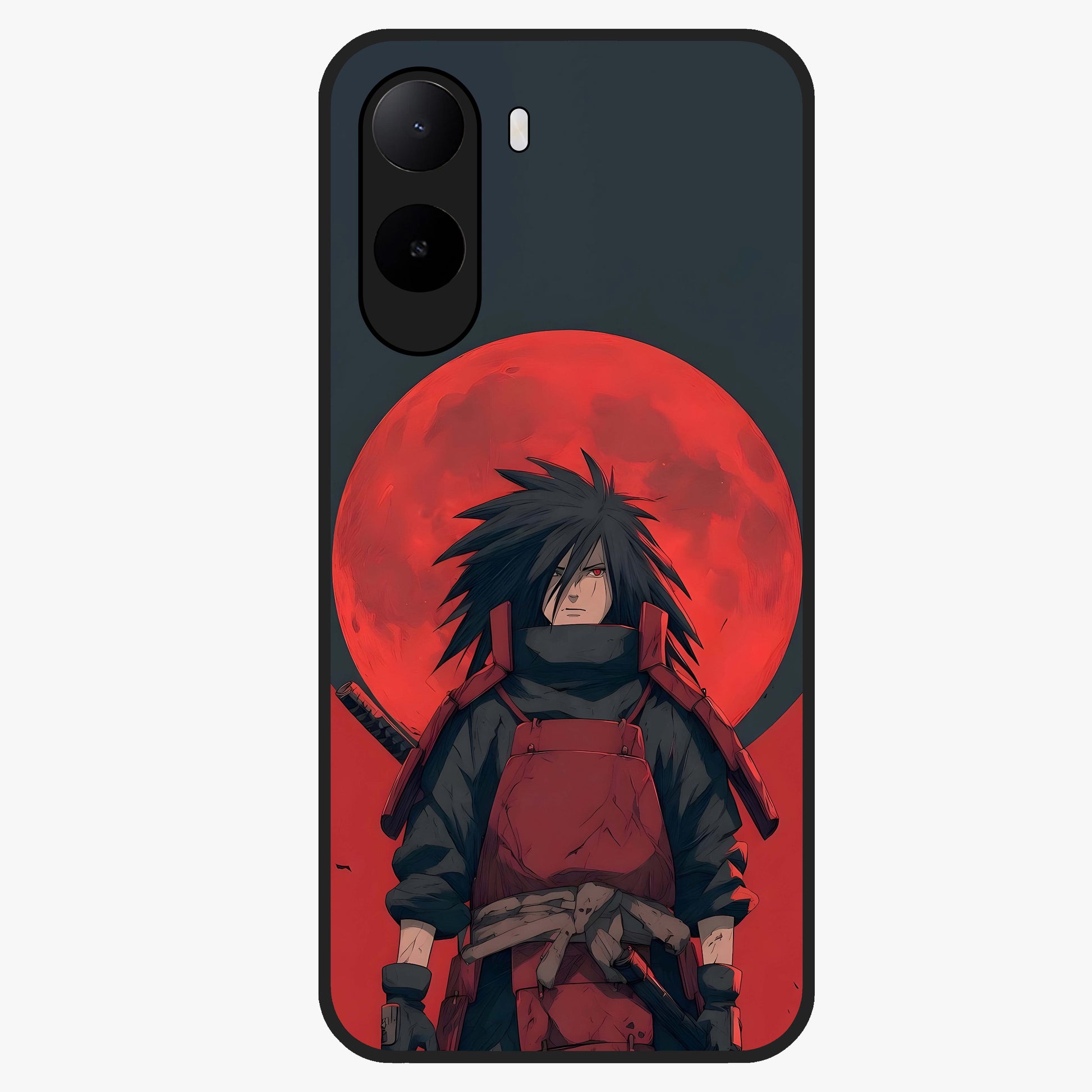 Crimson Moon Warlord Glass Case showing flat back view with mystical moon warrior artwork and glossy glass finish.